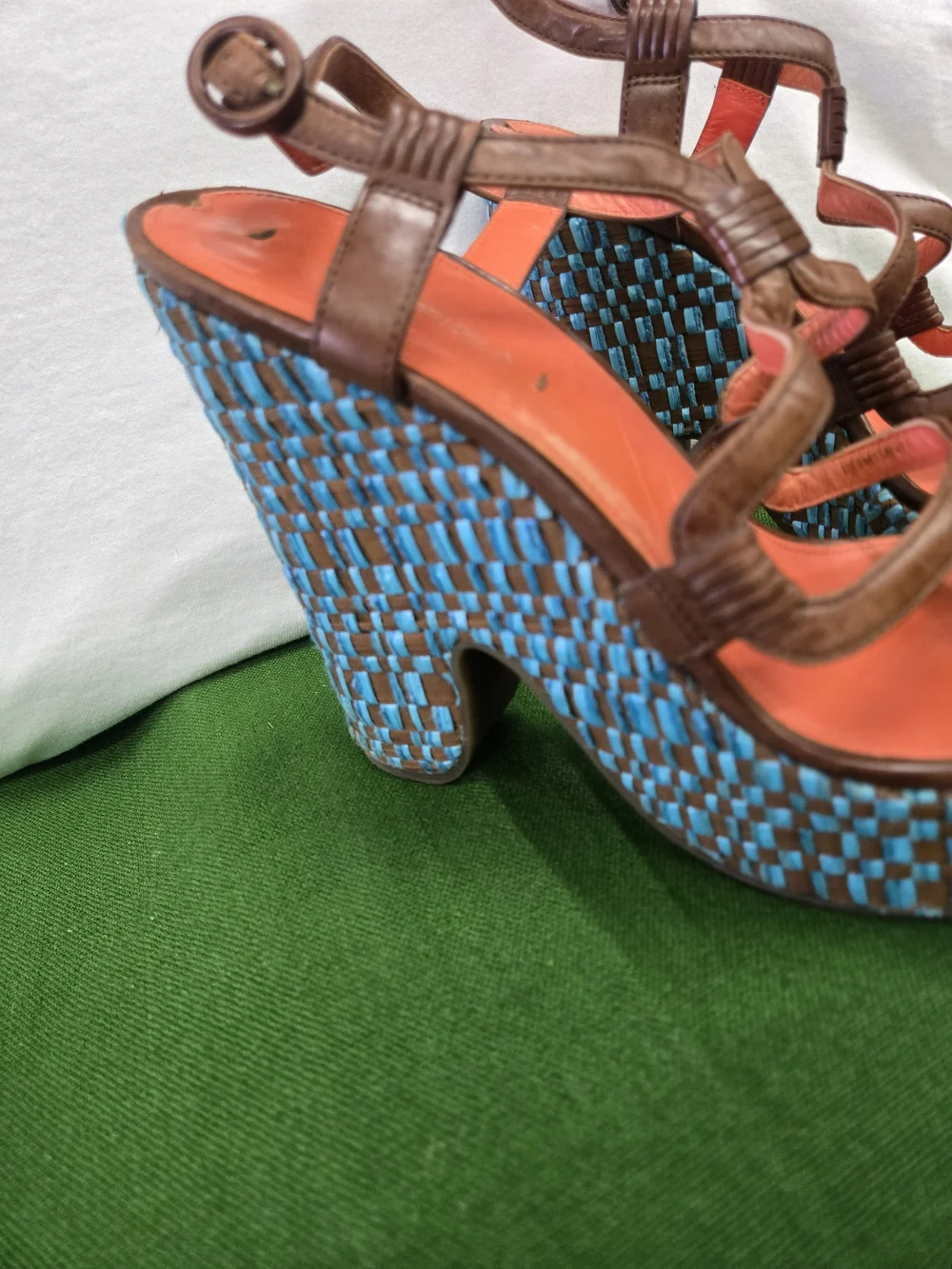 Via Spiga Brown Leather Strappy Platforms with Turquoise Woven Heel
